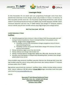 Lowongan: Well Test Crew di PT Sorik Marapi (min. D3 Elektro)